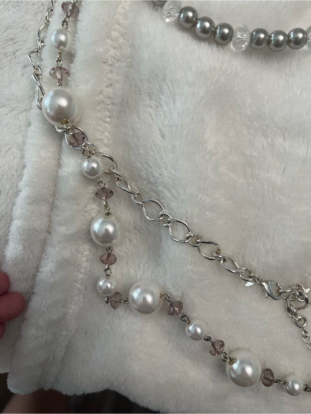 Layered Pearl and Crystal Multi-Strand Necklace - Silver & Cream - Picture 4 of 5